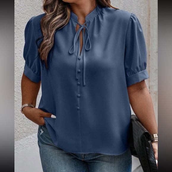 Tops | Plus Size Tie Neck Puff Sleeve Blouse | Poshmark